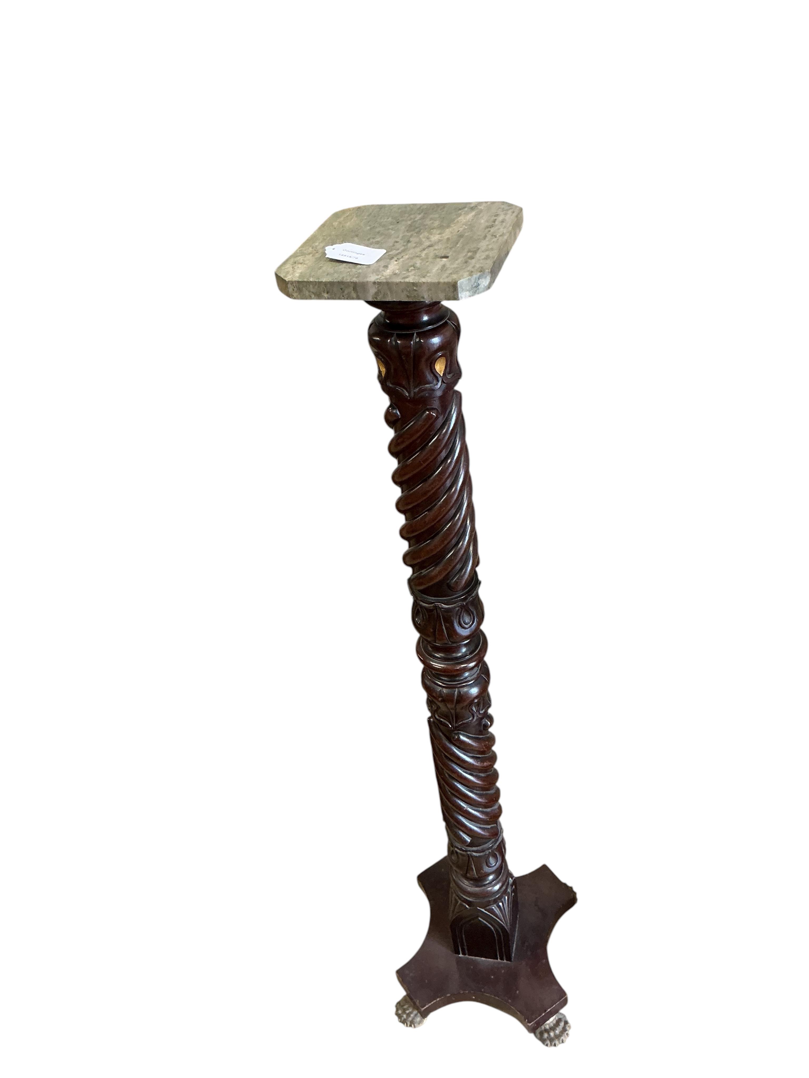 An English turned wood torchere with marble top, converted from a bedpost, height 130cm